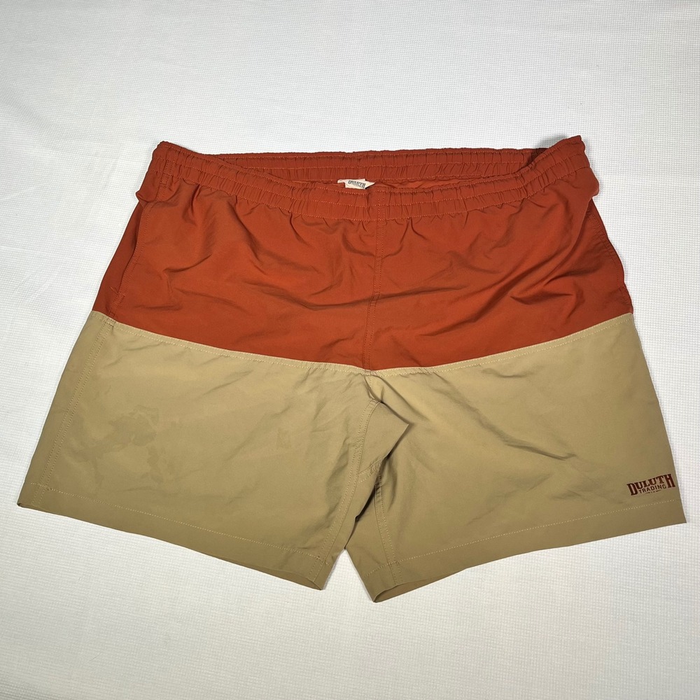 Duluth Trading Co Mens 2XL Color Block Board Shorts Orange Tan 9 Inch Inseam